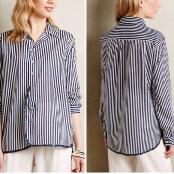 Anthropologie HOLDING HORSES Navy & White Stripe/Floral Button Down Top - Picture 3 of 11